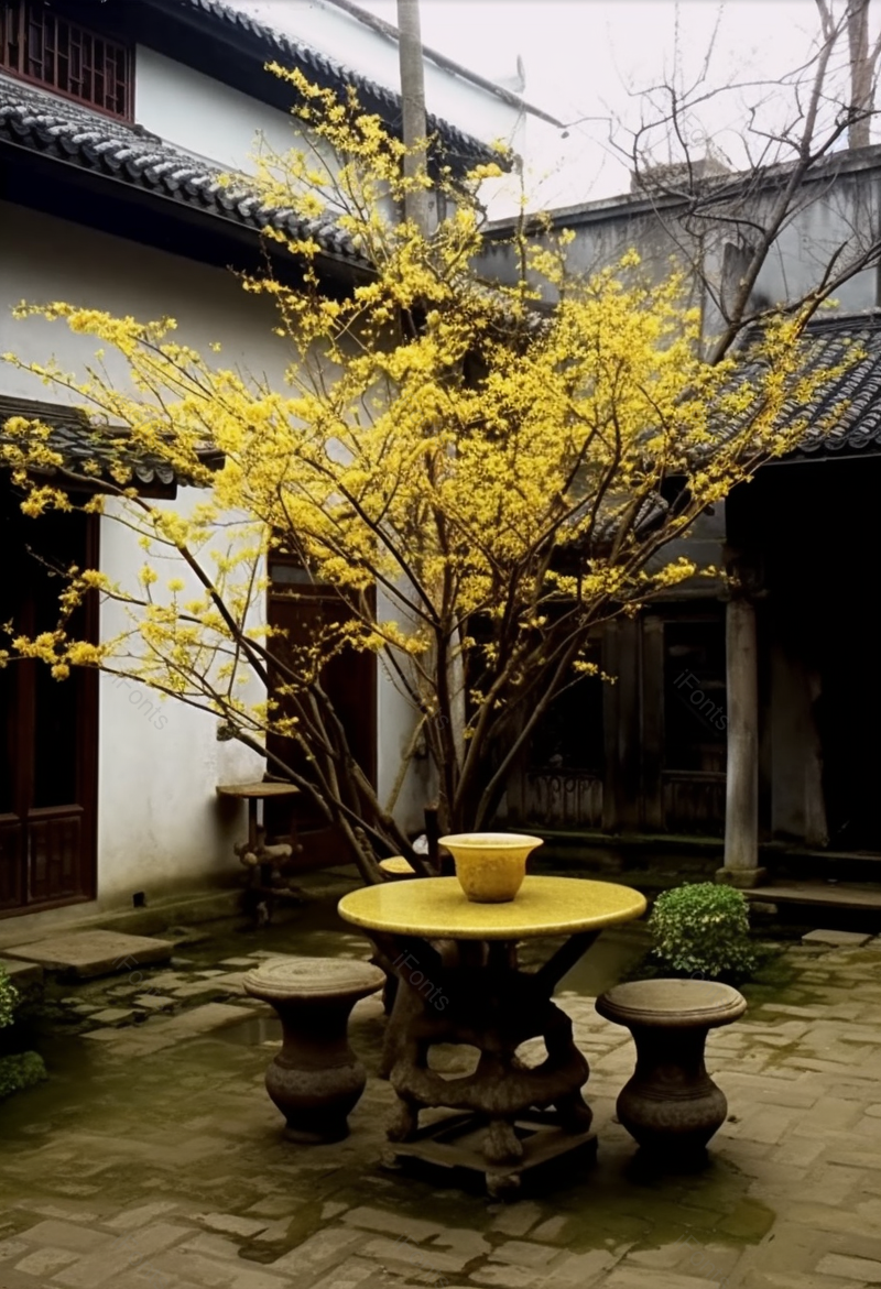 西塘古镇黄色树木户外石桌小院,高清,摄影图,摄影图片,图片大全,摄影图免费下载